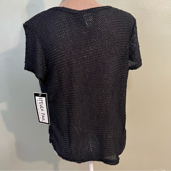 Steven Paul Made In USA Black Knit Crochet Top Short Sleeves Size L NWT - Picture 2 of 8